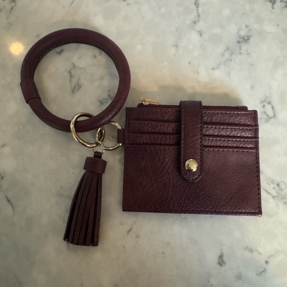 New Elegant Burgundy Leather Card Holder with Tassel